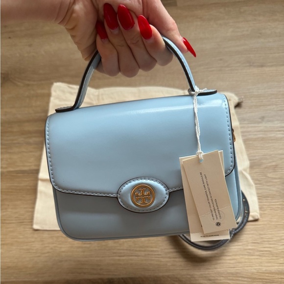 NWT Tory Burch Pale Blue Small Robinson Spazzolato Top Handle Bag - Picture 10 of 11